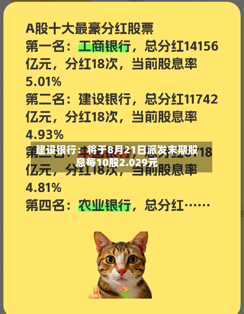 建设银行：将于8月21日派发末期股息每10股2.029元