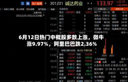 6月12日热门中概股多数上涨	，微牛涨9.97%，阿里巴巴跌2.36%-第3张图片